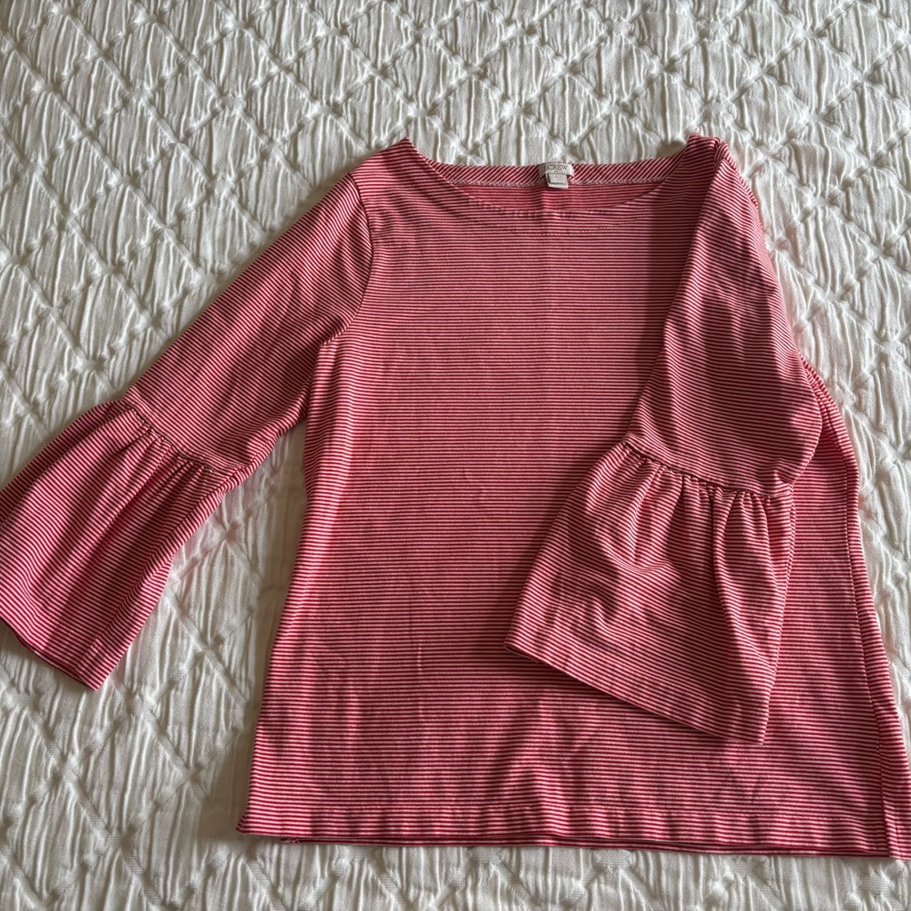 j crew large red white striped shirt boat neck‎ 3/4 flare bell sleeves